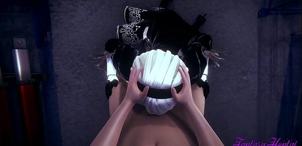  Nier Automata Hentai 3D - 2B Blowjob and Fucked  with cum in her mouth and pussy